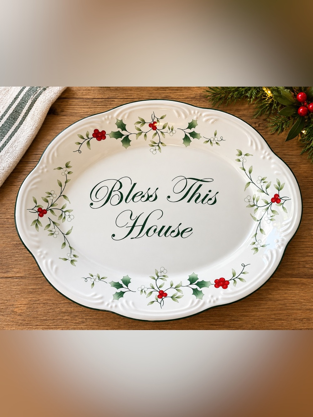 Pfaltzgraff Winterberry Bless This House 11-Inch Oval Serving Platter